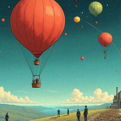 An illustration of a tethered balloon floating above Earth with its string being pulled upwards towards the moon. The balloon is surrounded by smaller balloons and coins that seem to be drawn out from it as if they are flowing into circulation. In the background, there's an image of a factory producing more balloons which appear to be getting ready for release. A few people in suits can be seen holding onto some of these new balloons while others look on with anticipation.