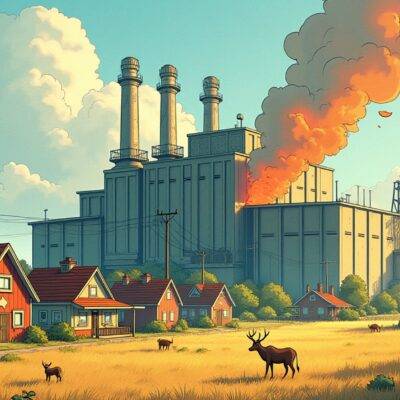 An illustration: A cartoonish image depicting a large, industrial-sized Bitcoin mining facility in Texas surrounded by residential houses. Noise pollution is represented as loud sound waves emanating from the building that are disturbing nearby residents who cover their ears or flee indoors to escape the noise. The background shows an idyllic countryside scene with trees and wildlife but it's disrupted by the noisy factory-like structure dominating the landscape, causing a stark contrast between nature and industry.