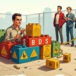 An illustration of an adult playing with building blocks, but they are all labeled as different financial instruments (stocks, bonds etc.) and some have warning signs on them. The player is surrounded by caution tape and cones, indicating that it's a controlled environment. In the background there are other adults watching from behind a fence, looking concerned or confused. Some of these observers hold clipboards with pens attached to them. A few blocks in front of the main character start falling over due to instability, while others seem stable but have warning signs on them.