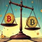 An illustration of a judge's gavel resting on top of two scales, one side holding an image resembling Bitcoin and Ether while the other holds an image representing Solana. The background is filled with tiny images of My Big Coin tokens falling from above like raindrops onto the floor below where they are being swept away by brooms held by figures in business attire. A faint outline of a US flag can be seen on one side, near the scales holding Bitcoin and Ether. In the foreground, two opposing paths stretch out into the distance with signs reading "Commodity" and "Security".