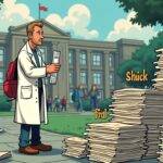 An illustration of a researcher in lab coat holding an empty test tube with the word "Bitcoin" written above it while standing next to a large pile of papers labeled as academic publications; another figure is shown looking at them disapprovingly. The scene takes place near a university building, where students are walking by unaware of what's going on nearby. A faint image of an old computer screen in the background displays lines of code and error messages while showing signs of being outdated. In the foreground, there’s also a small icon representing money with a red X marked through it.