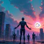 An illustration of a futuristic cityscape with skyscrapers made from blocks that resemble computer chips; in the foreground, an AI agent is shown as a humanoid figure surrounded by smaller AI agents. The larger AI has its arms outstretched towards the sky while the smaller ones are moving around it like satellites orbiting their central body. In the background, clouds of data and code swirl through the air amidst Google's logo shining brightly in neon lights at dusk;