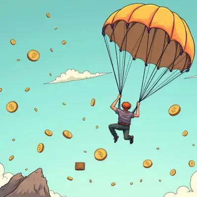 A cartoon illustration of a person holding onto a parachute that's slowly losing air as they plummet towards the ground below. The sky is filled with falling coins and dollar signs, while a few stablecoins (represented by small blocks) float away from them.