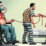 An illustration: A man in prison attire is shown confined to a wheelchair with an oxygen mask covering his face. His throat has been cut open, revealing tonsils being removed by surgeons through surgery. In another part of the image, a herniated disc can be seen protruding from the back of another version of the same prisoner who stands on one leg while holding onto a hospital bed for support and balance. The two images are connected at their waists with surgical tubing running between them to represent blood flow.