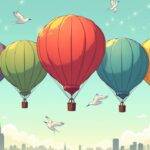 An illustration of five hot air balloons in various colors floating above the cityscape, each balloon representing one of the newly introduced tokens (bMSFT, bGME, bMSTR, bTSLA, and bGOOGL). The balloons are tied together with a rope that forms an arc shape. In the background, there is a subtle image of a blockchain network represented by interconnected nodes and lines. A few birds fly around the hot air balloons, adding movement to the scene. At the bottom left corner of the illustration, a small cityscape can be seen in silhouette form.