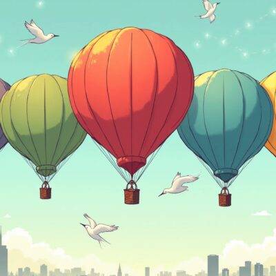 An illustration of five hot air balloons in various colors floating above the cityscape, each balloon representing one of the newly introduced tokens (bMSFT, bGME, bMSTR, bTSLA, and bGOOGL). The balloons are tied together with a rope that forms an arc shape. In the background, there is a subtle image of a blockchain network represented by interconnected nodes and lines. A few birds fly around the hot air balloons, adding movement to the scene. At the bottom left corner of the illustration, a small cityscape can be seen in silhouette form.