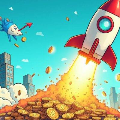 An illustration of a rocket ship blasting off into space while leaving behind a trail of falling coins and dollar signs in its wake; at the top left corner is an image of a rising stock chart. The background features stylized images resembling city skylines with buildings shaped like cryptocurrency logos, set against a bright blue sky filled with fluffy white clouds that resemble money bags or piggy banks. In the foreground are scattered coins and dollar signs in various denominations, some partially buried under debris from the rocket's ascent;