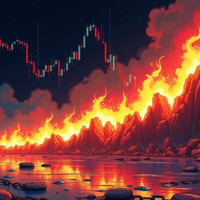 An illustration of a cryptocurrency chart with an upward trendline breaking through resistance levels, surrounded by flames and sparks; above it, Toncoin's logo is rising like a phoenix from the ashes, while below, broken chains and shattered glass represent the crypto market decline. In the background, two moving averages (red and blue) are turning upwards, forming a bullish setup with an inverse-head-and-shoulders pattern emerging on its surface