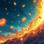 An illustration: A cartoon Tron network with many memecoins floating around it; some are bursting into flames while others grow bigger and more vibrant as they float upwards towards a bright light at the top, representing their increasing value. The background is dark blue to represent uncertainty but also has streaks of yellow and orange indicating growth and optimism. A few coins in the foreground have ' Sold' written above them with an X marked through it while others are surrounded by flames or explosions;
