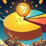 An illustration of a giant Tron logo bursting out of a stablecoin market share pie chart, with Ethereum's smaller portion in the background and Solana's tiny piece crumbling away at the bottom; surrounding it are swirling clouds of money bags and coins flying upwards as TRX tokens rise to new heights