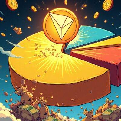 An illustration of a giant Tron logo bursting out of a stablecoin market share pie chart, with Ethereum's smaller portion in the background and Solana's tiny piece crumbling away at the bottom; surrounding it are swirling clouds of money bags and coins flying upwards as TRX tokens rise to new heights