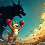 An illustration of Tron's network as an underdog dog wearing boxing gloves and holding up its arms in victory, with Ethereum represented as a giant shadow looming over it; both networks are surrounded by swirling clouds of money notes that seem to be colliding. In the background is a faint image of Justin Sun standing on top of a mountain made out of coins, looking triumphant while pointing upwards towards Tron's network. The atmosphere around them appears chaotic and dynamic with hints of celebration in the air.