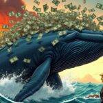An illustration of a large whale breaching water with $25 million dollars floating above it, made up of various cryptocurrencies such as Bitcoin, Ethereum, and others; below the whale is Donald Trump holding an American flag while Gary Gensler looks on in disapproval amidst flames. In the background are U.S. Senator Elizabeth Warren and her associates fleeing from a massive explosion representing self-destructive behavior. The illustration style blends comic book elements with realistic depictions of water and fire, conveying the message through visual storytelling rather than text or labels.