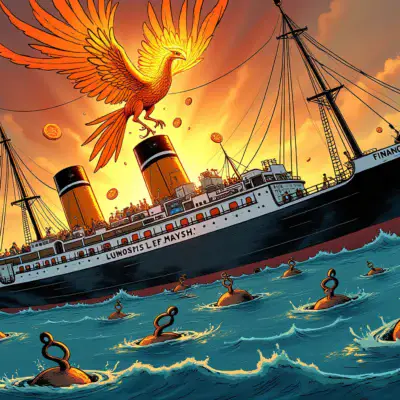 A cartoon of a sinking ship labeled 'Traditional Banks' being pulled down by anchors marked 'Financial Elites', while above it rises a phoenix-like figure representing cryptocurrency, surrounded by flames and coins.