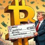 An illustration: A cartoonish image depicting Donald Trump standing in front of a giant bitcoin logo with dollar signs flying around it. He's holding a large check made out for $35 trillion while giving a thumbs up. In the background are people handing him money and looking happy, as well as other smaller images representing countries falling behind due to not embracing crypto. The overall style is playful but slightly absurd, conveying Trump's over-the-top claims about bitcoin saving America from financial doom.