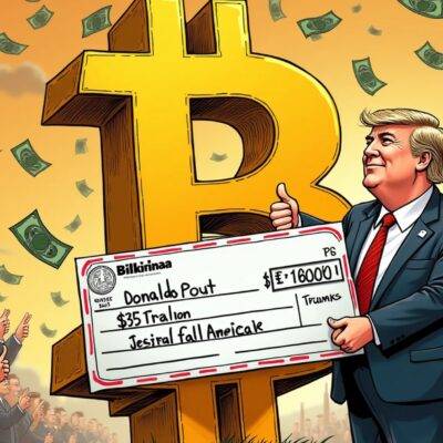 An illustration: A cartoonish image depicting Donald Trump standing in front of a giant bitcoin logo with dollar signs flying around it. He's holding a large check made out for $35 trillion while giving a thumbs up. In the background are people handing him money and looking happy, as well as other smaller images representing countries falling behind due to not embracing crypto. The overall style is playful but slightly absurd, conveying Trump's over-the-top claims about bitcoin saving America from financial doom.