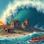 An illustration depicting a massive wave crashing down on an island with several buildings in ruins while Bitcoin's price is shown plummeting to $49,000 below it; Donald Trump Jr.'s face appears as the crest of the wave. A DeFi platform logo rises from the wreckage amidst flames and smoke, symbolizing its emergence after the crypto sell-off. Sonic testnet users are seen swimming towards a life raft labeled 'Web3 games', while another group is shown being swept away by the turbulent waters; in the background, Tornado Cash's mixing service appears as a whirlpool sucking funds into it.