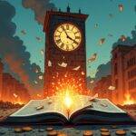 An illustration depicting a chaotic, crumbling cityscape at dusk; buildings are on fire while smoke billows into the sky amidst falling debris. A giant clock tower stands central to this scene but is cracked and broken with its hands frozen in time just before midnight. In front of it lies an open book torn apart by flames as papers scatter around like autumn leaves, some caught aflame themselves. The ground beneath is littered with scattered coins from various countries including Turkey's lira alongside foreign currencies such as the US dollar and euro;