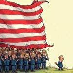 An illustration of a giant American flag being held aloft by 50 million tiny figures in cryptocurrency-themed costumes, while a smaller figure representing Gary Gensler is shown falling away from the scene; above them, an arrow points towards Vice President Kamala Harris standing at a podium with a speech bubble rising up to her ear
