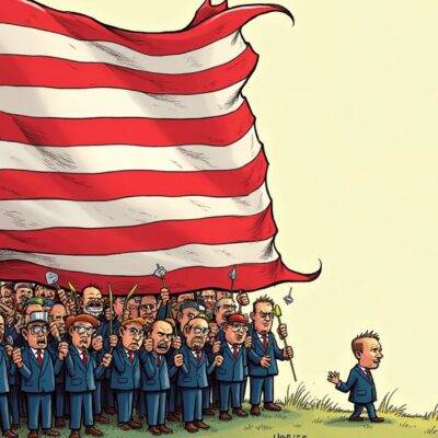 An illustration of a giant American flag being held aloft by 50 million tiny figures in cryptocurrency-themed costumes, while a smaller figure representing Gary Gensler is shown falling away from the scene; above them, an arrow points towards Vice President Kamala Harris standing at a podium with a speech bubble rising up to her ear