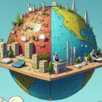 An illustration of a globe divided into two hemispheres by an axis labeled as "Tradition" on one side and "Innovation" on the other. The left hemisphere is filled with old-fashioned calculators, paper ledgers, and filing cabinets while the right hemisphere features futuristic skyscrapers, robots working at desks, and digital screens displaying financial data in real-time.