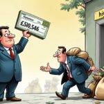 An illustration: A cartoonish figure representing a regulator is shown sternly holding up three large checks with £3,503,546 written on each. The background features faint images of high-risk customers being turned away from an entrance labeled 'high risk'. In the foreground, another character represents Coinbase Payments Ltd., depicted as a person trying to sneak past the regulator while carrying multiple bags filled with money and coins; however, they are caught in mid-step by the stern figure's outstretched arm.
