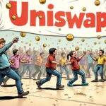 An illustration depicting a chaotic dance scene with various figures dodging and weaving around each other while attempting to avoid being hit by balls labeled as 'Regulations'. In the background, a large Uniswap logo is emblazoned on a banner. The dancers are shown in different stages of movement, some leaping over incoming balls, others ducking behind shields or using their bodies to deflect them. A few figures can be seen holding UNI tokens and governance symbols as they dodge through the dance floor chaos.