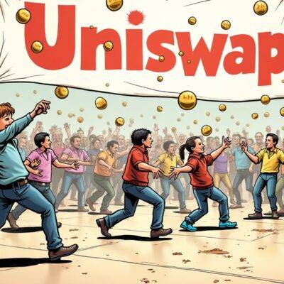 An illustration depicting a chaotic dance scene with various figures dodging and weaving around each other while attempting to avoid being hit by balls labeled as 'Regulations'. In the background, a large Uniswap logo is emblazoned on a banner. The dancers are shown in different stages of movement, some leaping over incoming balls, others ducking behind shields or using their bodies to deflect them. A few figures can be seen holding UNI tokens and governance symbols as they dodge through the dance floor chaos.