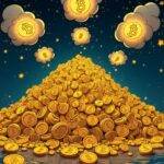 An illustration of a large pile of coins with dollar signs rising from it into the sky as they grow bigger and merge together forming clouds that resemble Bitcoin logos while below them smaller coins continue to fall onto the ground creating an overflowing pool. The background is dark blue representing night time or space. In the foreground, various shapes resembling ETF symbols are scattered around the pile of coins with some being larger than others indicating their relative size in holding BTC.