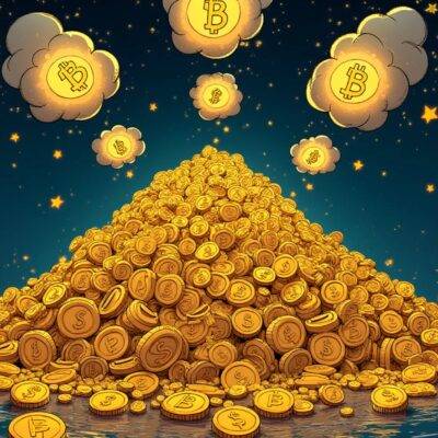 An illustration of a large pile of coins with dollar signs rising from it into the sky as they grow bigger and merge together forming clouds that resemble Bitcoin logos while below them smaller coins continue to fall onto the ground creating an overflowing pool. The background is dark blue representing night time or space. In the foreground, various shapes resembling ETF symbols are scattered around the pile of coins with some being larger than others indicating their relative size in holding BTC.