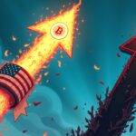 An illustration of an arrow rising rapidly upwards with flames at its base while another arrow falls slowly downwards into darkness; both arrows have dollar signs attached to them; above the ascending arrow is a large bitcoin symbol and below it a banner made up of US flags. In contrast, near the descending arrow there's a small ethereum logo on one side and an empty space where a flag could be placed but isn't. The background features swirling shapes resembling financial charts with subtle hints of red for warning signs amidst calming blue hues to convey stability;