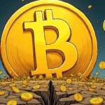 An illustration of a giant Bitcoin in the center with various smaller Bitcoins surrounding it on different levels; some are moving upwards while others fall down from above or disappear into cracks below; at the top left corner is an image resembling Blackrock's logo and to its right Fidelity's, both pointing towards the rising Bitcoins. Below them lies GBTC which has a crack in it with coins spilling out of it as they move downwards. The remaining funds are shown on different levels around the giant Bitcoin but without any movement or change;