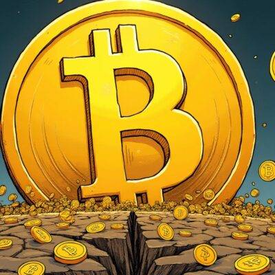 An illustration of a giant Bitcoin in the center with various smaller Bitcoins surrounding it on different levels; some are moving upwards while others fall down from above or disappear into cracks below; at the top left corner is an image resembling Blackrock's logo and to its right Fidelity's, both pointing towards the rising Bitcoins. Below them lies GBTC which has a crack in it with coins spilling out of it as they move downwards. The remaining funds are shown on different levels around the giant Bitcoin but without any movement or change;