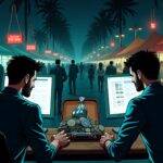 An illustration: A dark web marketplace scene with two men sitting behind computer screens. One man is holding a briefcase full of cryptocurrency while the other holds up a bag containing heroin, methamphetamine, cocaine and LSD packets. In the background, thousands of vendors' stalls are visible selling various illicit goods. The atmosphere is dimly lit with neon lights reflecting off wet pavement. A "for sale" sign hangs above each stall displaying items such as counterfeit currency, stolen credit card information, precious metals and cash.