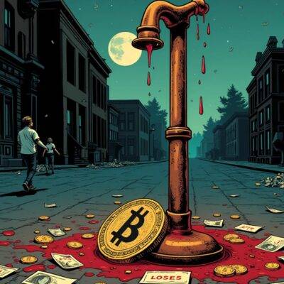 An illustration of an old-fashioned money pump with blood dripping from it, surrounded by falling coins and dollar signs; at its base lies a broken Bitcoin symbol amidst scattered papers labeled 'ETF' and 'Losses'. In the background is a faint image of two people running away in opposite directions. The scene takes place on a darkened city street littered with trash cans overflowing with worthless currency notes, while above looms an ominous moonlit sky filled by fluttering dollar signs that seem to be falling towards the ground like autumn leaves.