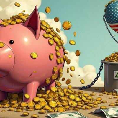 An illustration of a giant piggy bank overflowing with gold coins and dollar bills spilling onto the ground amidst broken chains symbolizing freedom from financial constraints. A smaller piggy bank sits at its base filled to capacity, while in the background an image of a 401K plan document lies torn on the floor next to scattered papers representing lost savings. The overall atmosphere is one of abundance and liberation. In the foreground, gold coins are seen being poured into another large container labeled with the US flag as it rises above the scene signifying growth and prosperity.
