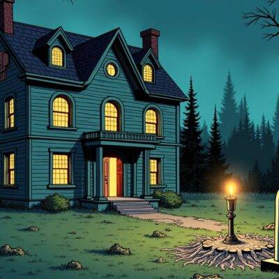 An illustration of an old mansion with broken windows, overgrown garden, and cobwebs everywhere, surrounded by nine small buildings each representing one ETF fund; five have lights on while four do not, the sky is darkening. In the foreground, Grayscale's Ethereum Trust (ETHE) building has a large "Sold" sign above it as money flows out of its doors into an open grave with a tombstone reading "$1.51 billion". A ghostly figure in the background holds a candle and looks at ETHE mournfully. The mansion is surrounded by chains, representing confinement or loss.