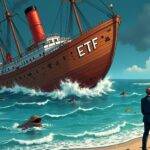 An illustration of a sinking ship labeled as "ETF" while an anchor is being pulled out from its hull by two laughing figures holding briefcases and wearing suits in the background; nearby sea creatures are swimming away with coins attached to their fins, amidst waves marked 'outflows' crashing against rocks. In the foreground, another figure stands on the shore looking at a map of the ocean labeled "ETH reserves" while pointing towards an island called "market capitalization". The sky is filled with dark clouds and lightning bolts strike in the distance.