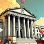 An illustration depicting a large U.S. Treasury building with bitcoin symbols integrated into its architecture and a rising graph above it showing an increase in value; at the bottom left corner, two figures representing miners are shown working amidst stacks of coins and machinery emitting smoke suggesting energy usage; to their right is a figure resembling Donald Trump giving a speech on stage while holding up a tablet displaying blockchain information. The overall scene conveys growth, innovation, and positivity towards bitcoin mining in the U.S.