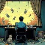 An illustration of an investor sitting at their desk with stacks of worthless papers labeled "Ethereum" next to them, looking out the window as they watch money flying away from their basement apartment through broken windows and torn curtains. The room is cluttered with old furniture and trash while a faint image of a parent's voice can be heard in the background saying something about how things will get better someday. In the corner, an empty pizza box has "I'm sorry" scribbled on it. A small cat sits next to the investor looking worried as they stare at their worthless papers with despair.