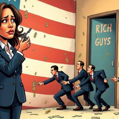 An illustration: A cartoonish Vice President Kamala Harris stands in front of an American flag, looking worried and holding her head as she's surrounded by dollar signs that are falling from above. In one hand, she holds a broken chain while on the other side of her there is a group of people wearing suits with briefcases running away from her towards two large doors labeled "Rich Guys" which they're trying to open but it seems like they won't fit through them as their arms and legs are stretched out in an attempt.