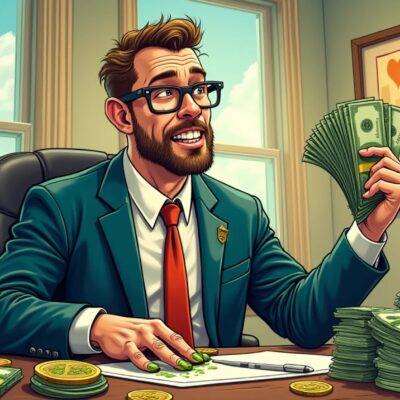 An illustration: A bespectacled man wearing a suit and tie sits at his desk surrounded by stacks of cash and cryptocurrency tokens as he holds up a large wad of money in one hand. In the background, an image of a piggy bank with its mouth open wide is visible through a window while on the wall opposite him hangs a framed picture showing a graph sharply increasing upwards indicating financial growth. The man's fingers are stained green from handling cash and his suit has several stains as well;