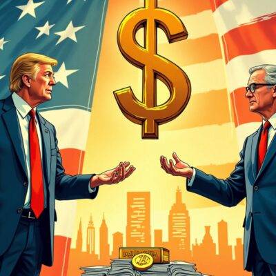 An illustration of two politicians standing on either side of an American flag, with one holding a gold bar and the other holding a bitcoin icon in their hand. The background is filled with rising lines that resemble stock prices increasing. A large dollar sign above them floats upwards as well. In the foreground, there are subtle hints at regulatory documents being signed by both politicians.