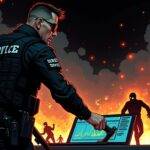 An illustration of a Secret Service agent, dressed in black tactical gear with sunglasses on, standing over a cryptocurrency exchange terminal that has been hacked into by cyber thieves who are depicted as cartoonish figures running away from the scene amidst explosions and flames; the background is darkened to emphasize the action. The agent's hand holds an axe-like tool used for hacking electronic devices while their other arm points towards the fleeing hackers, conveying authority over a chaotic situation.