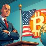 An illustration of Senator Tim Scott standing at a podium, looking confident with his arms crossed over his chest while behind him the Bitcoin logo is prominently displayed on multiple screens in front of an American flag waving gently in the background; to one side there's a large bookshelf filled with books about finance and economics next to which stands a globe showing various countries connected by lines representing global financial transactions, all set against a bright blue sky.