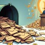 An illustration of a mailbox overflowing with letters as they spill out onto the floor in front of it; each letter is depicted as having a different color and design. A few scattered envelopes are shown to have been torn open, revealing glimpses inside them where various objects such as Beanie Babies or gold coins can be seen peeking through. In the background, an image of Senator Cynthia Lummis stands at a podium addressing a crowd with a large Bitcoin logo behind her; she is surrounded by dollar signs and financial charts that are rising upwards in a positive trend line.