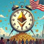 An illustration of a clock striking midnight with confetti falling from above as an American flag waves in the background, while on either side there's a giant 'E' made out of dollar signs. In front of it all stands a large Ethereum logo surrounded by tiny images of money bags and coins pouring into each other to form a never-ending stream. The scene is set against a bright blue sky with fluffy white clouds that resemble the shape of US states, while below there's an image of Wall Street in New York City bustling with activity as people rush towards it from all directions.