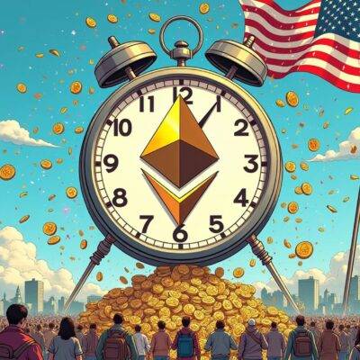 An illustration of a clock striking midnight with confetti falling from above as an American flag waves in the background, while on either side there's a giant 'E' made out of dollar signs. In front of it all stands a large Ethereum logo surrounded by tiny images of money bags and coins pouring into each other to form a never-ending stream. The scene is set against a bright blue sky with fluffy white clouds that resemble the shape of US states, while below there's an image of Wall Street in New York City bustling with activity as people rush towards it from all directions.