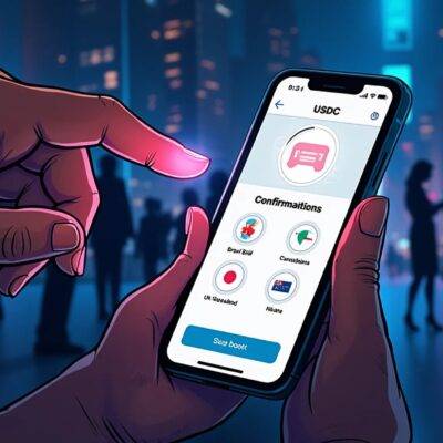 An illustration of an iPhone screen displaying a USDC payment confirmation, as a person's hand taps on it with a subtle glow effect around the tap point; nearby are icons representing various countries where this feature is available (Australia, Brazil, Canada, Japan, New Zealand, UK and USA), while in the background there are faint silhouettes of people using their phones for payments.  The scene has a modern cityscape at dusk with tall buildings lit up by neon lights.
