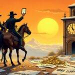 An illustration of a wanted poster with the image of two outlaws on horseback riding away into the sunset towards mountains covered in snow; one outlaw is holding a bag full of gold coins while the other holds up a tablet displaying cryptocurrency symbols. The background features an old-fashioned clock tower, its face shattered and broken. In the foreground, there are scattered papers with numbers and codes written all over them. A faint image of Utah's landscape can be seen in the distance behind the outlaws as they ride off into the mountains.
